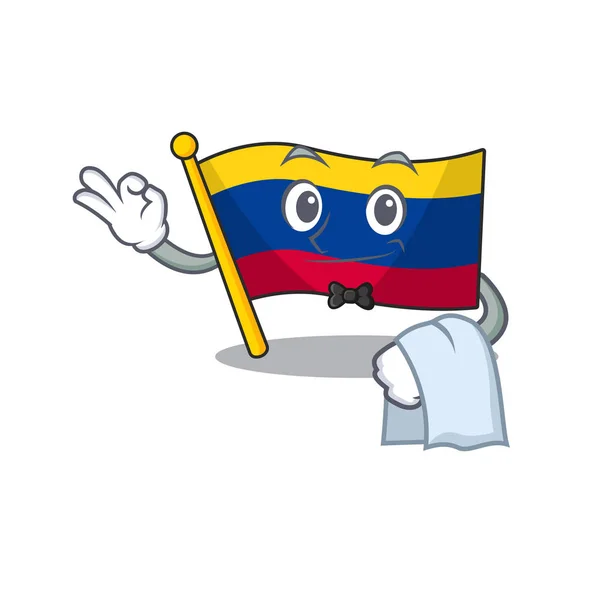 Waiter flag colombia mascot shaped on character — Stock Vector