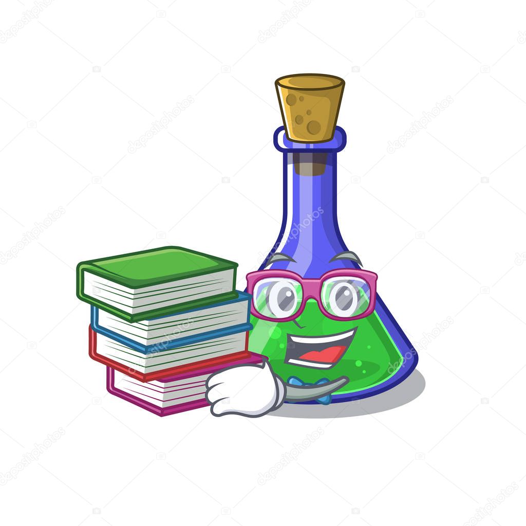 Student with book magic potion on the cartoon table