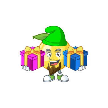 Karakter maskotu için iki hediye şekil altın elma meyve getir