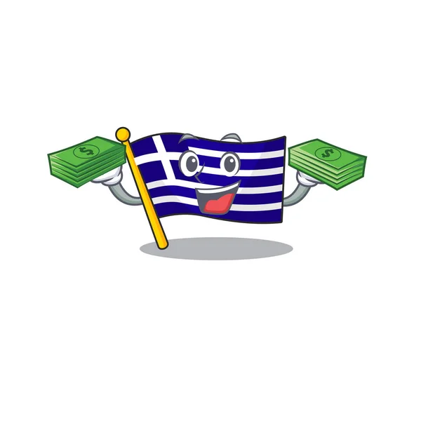 Con la bandera de la bolsa de dinero personaje griego en forma de la historieta — Vector de stock