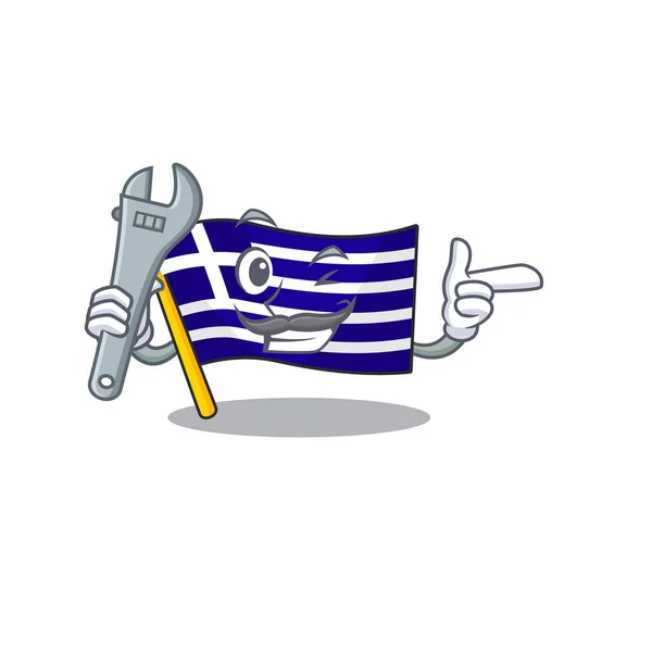 Mechaniker Griechenland-Fahne im Cartoon-Schrank platziert — Stockvektor