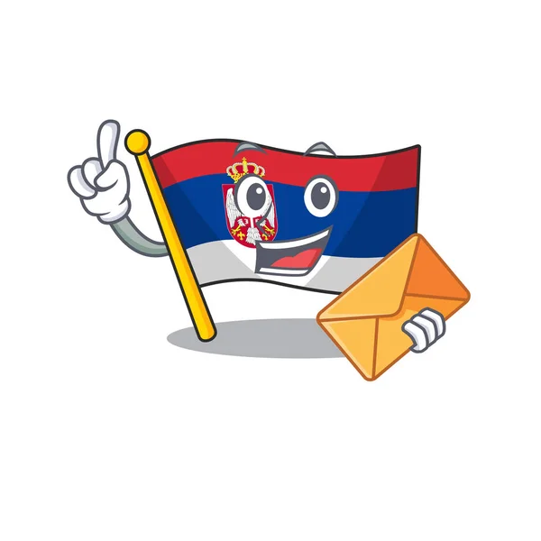 Con la bandera serbia del sobre ondeada en el poste de dibujos animados — Vector de stock