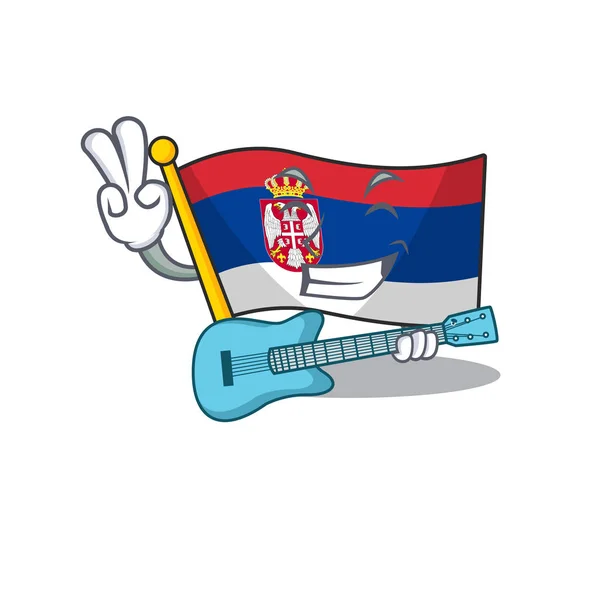 Com bandeira de guitarra serbia mascote em forma de desenho animado — Vetor de Stock