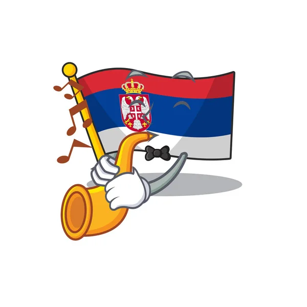 Med trumpet flagga Serbien maskot formad på tecknad — Stock vektor