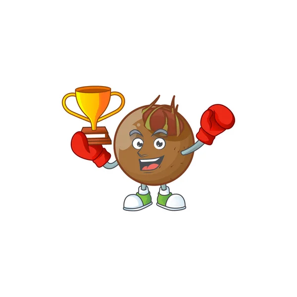 Tinju pemenang karakter kartun buah medlar untuk logo desain - Stok Vektor