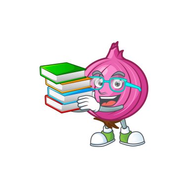 Beyaz arka plan üzerinde kitap çiğ kırmızı soğan karikatür ile Öğrenci