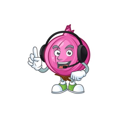 Beyaz arka planda kulaklık çiğ kırmızı soğan karikatür ile