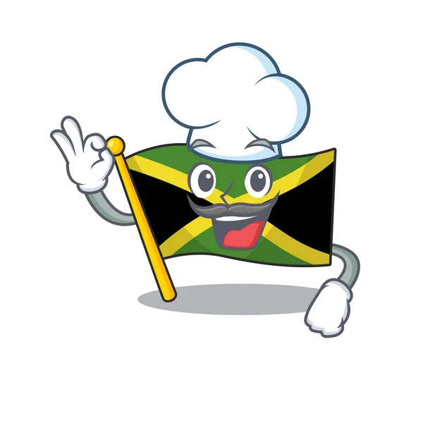 Chef κινούμενα σχέδια σημαία Τζαμάικα ύψωσε στο πόλο μασκότ — Διανυσματικό Αρχείο