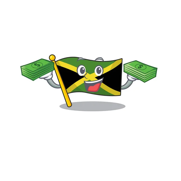 Med pengar väska flagga Jamaica karaktär formad på maskot — Stock vektor