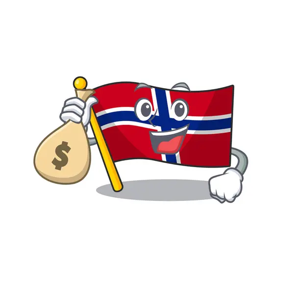 Com dinheiro saco bandeira norway personagem em forma de desenho animado —  Vetores de Stock