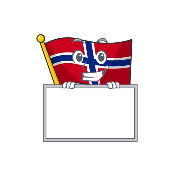 Grinning com bandeira de bordo personagem norway em forma de desenho animado — Vetor de Stock