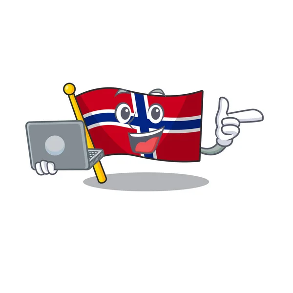 Com a bandeira do laptop personagem norway em forma de desenho animado —  Vetores de Stock