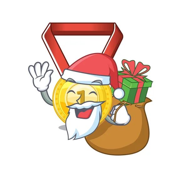 Père Noël avec médaille d'or cadeau accroché sur le mur de dessin animé — Image vectorielle