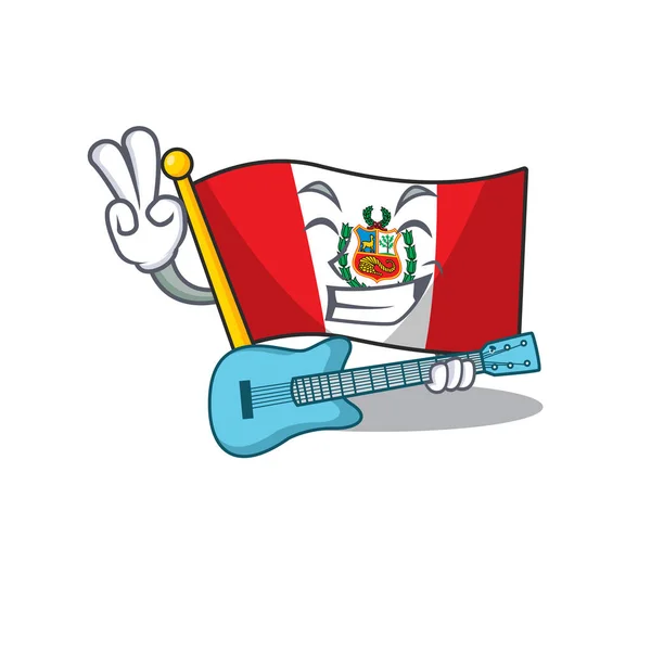 Com guitarra peru bandeira dos desenhos animados anexado à mascote de parede — Vetor de Stock