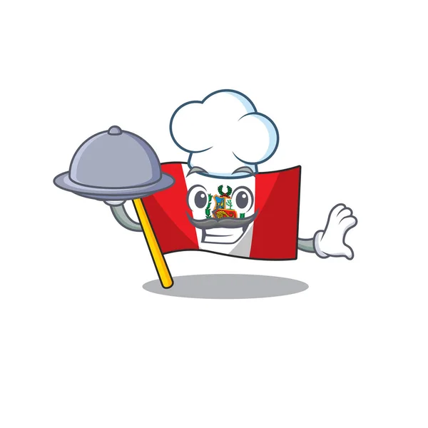 Chef avec nourriture pérou drapeau de bande dessinée attaché à la mascotte murale — Image vectorielle