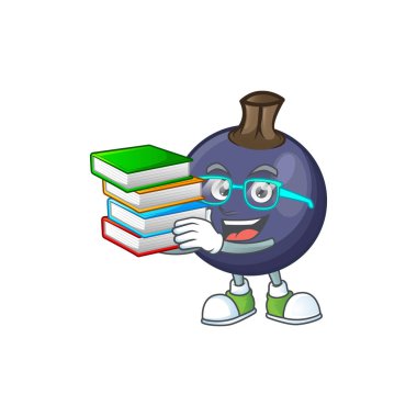 Beyaz arka plan üzerinde kitap blackcurrant karikatür maskotu ile Öğrenci