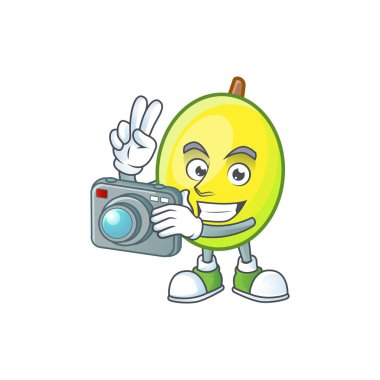 Fotoğrafçı gomotega meyve karikatür maskotu sağlıklı