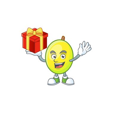Hediye gomortega meyve çizgi film karakter maskot tarzı getir.