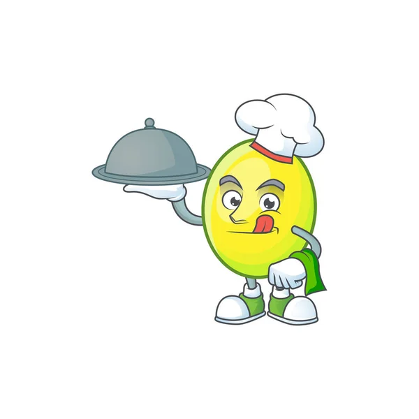 Chef com comida gomotega fruta saudável em mascote de desenhos animados — Vetor de Stock