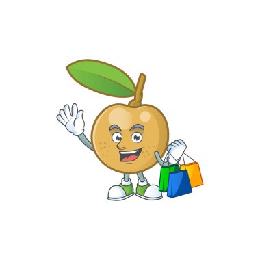 Karakter maskotu ile Alışveriş sevimli longan meyve karikatür.