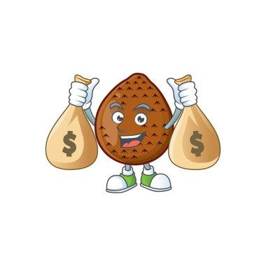 Maskot ile para çantası meyve çizgi film karakteri ile