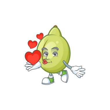 Beyaz arka plan üzerinde kalp gubinge meyve maskotu ile