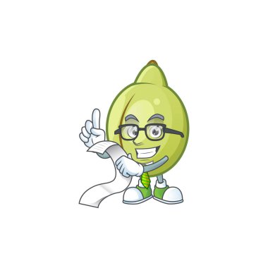 Beyaz arka planda menü gubinge meyve maskotu ile