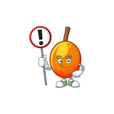 Karakter çizgi film maskotu ile işareti jocote meyve ile.