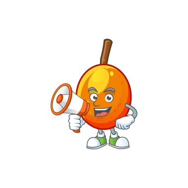 Karakter karikatür maskotu ile megafon jocote meyve ile.
