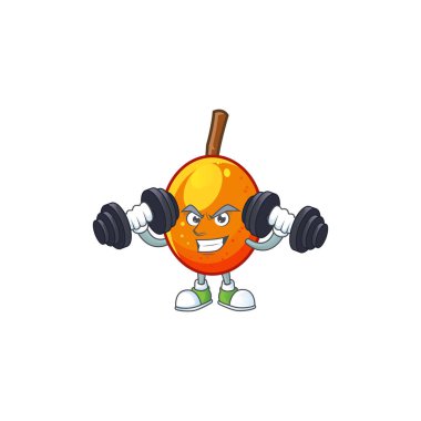 Karakter karikatür maskotu ile Fitness jocote meyve.
