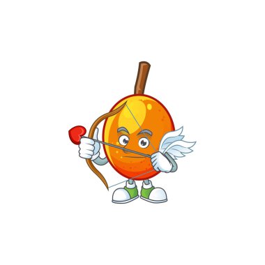 Karakter karikatür maskotu ile Cupid jocote meyve.