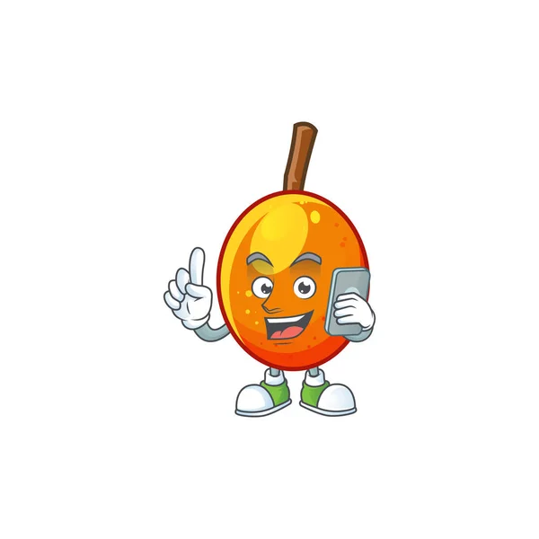 Com telefone jocote fruta com personagem mascote dos desenhos animados . — Vetor de Stock