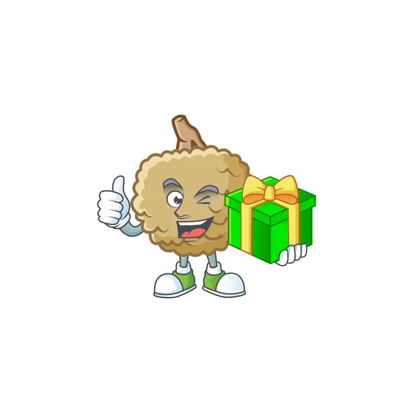 Con regalo fresco marolo mascota personaje de la fruta en dibujos animados — Vector de stock