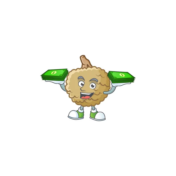 Con bolsa de dinero fresco marolo fruta carácter mascota en dibujos animados — Vector de stock