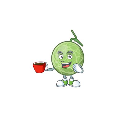 Beyaz arka planda fincan kavun karikatür maskotu İçme.