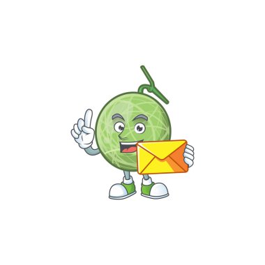 Beyaz arka planda zarf kavun karikatür maskotu ile.