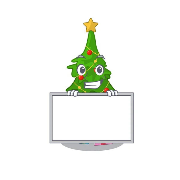 Sonriendo con la forma de dibujos animados árbol de navidad tablero un personaje — Vector de stock