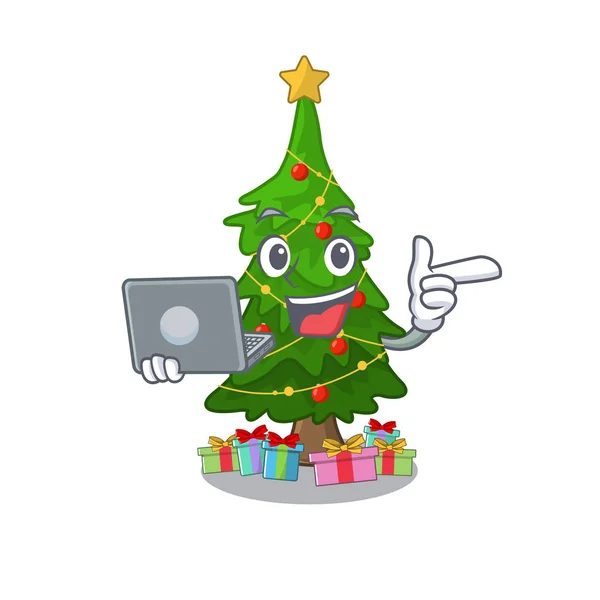With laptop christmas tree cartoon shape a character — Stock Vector
