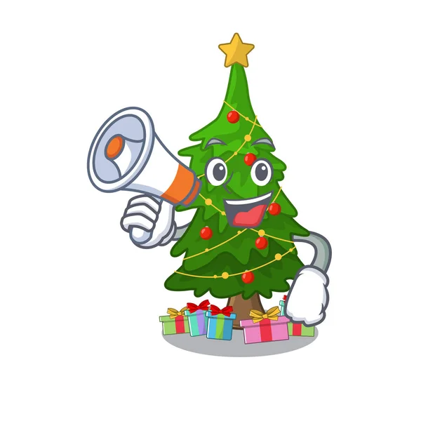 Con megáfono árbol de navidad de dibujos animados forma un personaje — Archivo Imágenes Vectoriales