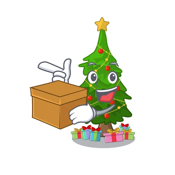 Avec boîte arbre de Noël isolé avec la mascotte — Image vectorielle