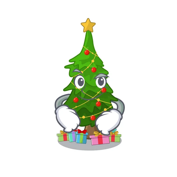 Smirking christmas tree isolated with the mascot — Stock Vector
