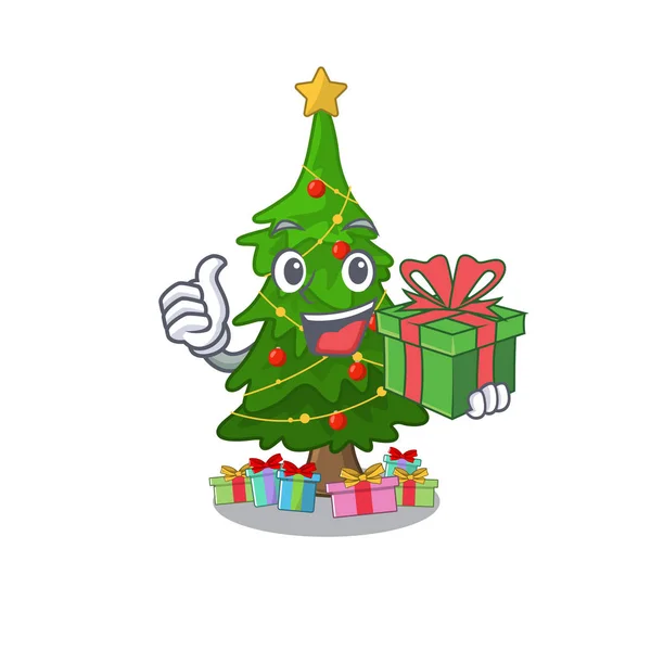 Con árbol de Navidad de regalo junto a la mesa de dibujos animados — Vector de stock