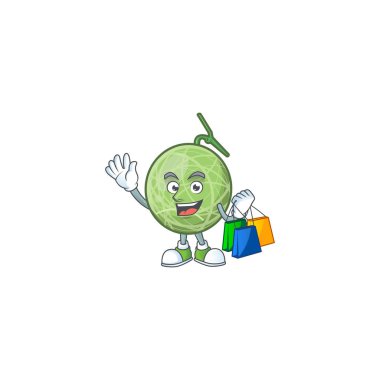 Beyaz arka planda alışveriş kavun karikatür maskotu.