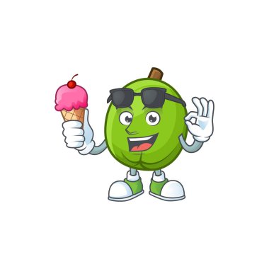 Beyaz arka plan üzerinde dondurma taze casimiroa maskotu ile.