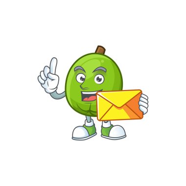 Beyaz arka plan üzerinde zarf taze casimiroa maskotu ile.