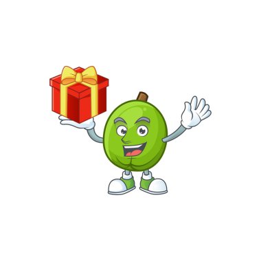 Karikatür maskot tarzı ile hediye casimiroa meyve getir.