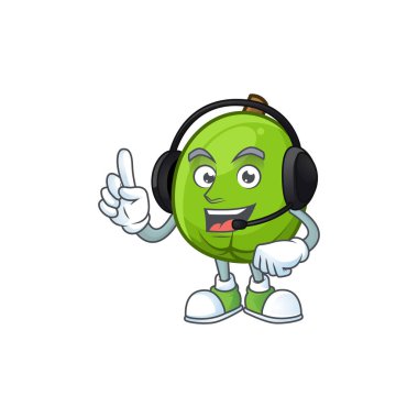 Karikatür maskot tarzı ile kulaklık casimiroa meyve ile.