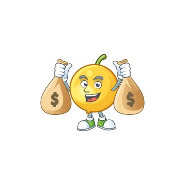 Beyaz arka plan üzerinde para çantası mundu meyve maskotu ile.