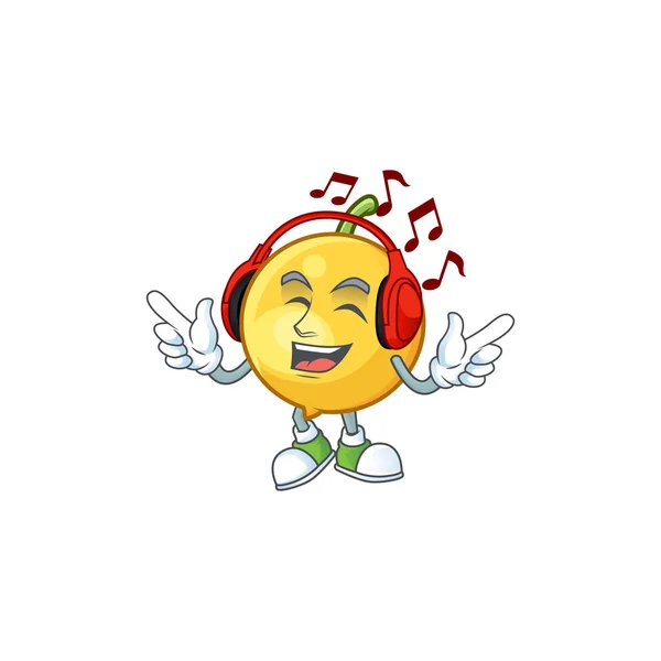 Escuchar música mundu fruta de dibujos animados en carácter mascota — Archivo Imágenes Vectoriales