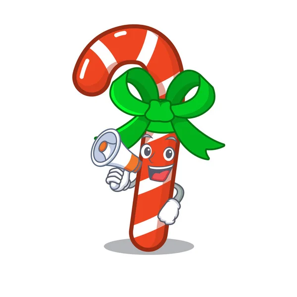 Met megafoon mascotte Candy Cane in Cartoon potten — Stockvector